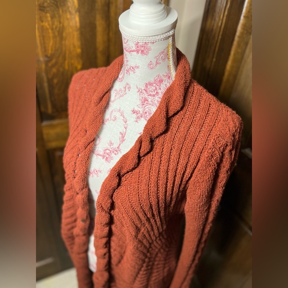 ROSIE NEIRA ANTHROPOLOGIE Rust Crochet Cotton Knit Open Longer Cardigan Duster M - Picture 3 of 14